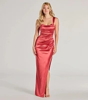 Kirsten Satin Cowl Neck High Slit Formal Dress