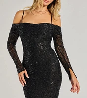 Parker Off-The-Shoulder Beaded Sequin Column Dress