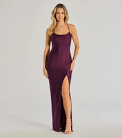 Natalie Cowl Neck Lace-Up Slit Column Dress