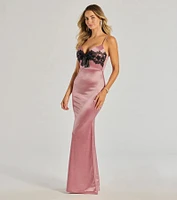 Jayden V-Neck Lace Trim Bow Satin Mermaid Formal Dress