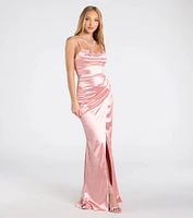 Michelle Applique Trim Wrap Satin Formal Dress