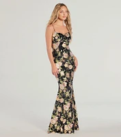 Drea Floral Velvet Burnout Lace-Up Mermaid Dress