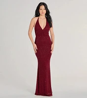 Blake Halter V-Neck Beaded Column Formal Dress