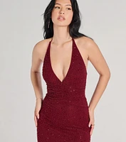 Blake Halter V-Neck Beaded Column Formal Dress