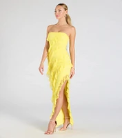 Kellie Strapless Ruffled Slit Lace Formal Dress