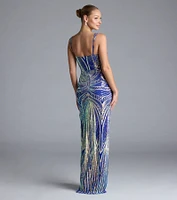 Elisa Iridescent Sequin High Slit Column Dress