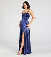 Ashtyn Glitter Satin High Slit A-Line Formal Dress
