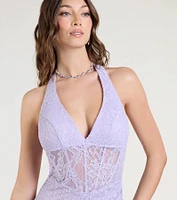 Cadie Halter Corset Slit Lace Formal Dress