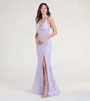 Cadie Halter Corset Slit Lace Formal Dress