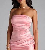 Brianna Satin Strapless High Slit Column Dress
