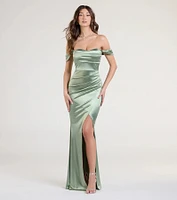 Belinda Off-The-Shoulder Slit Satin Formal Dress