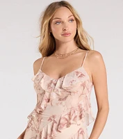 Sancia V-Neck Ruffle Slit Floral Formal Dress