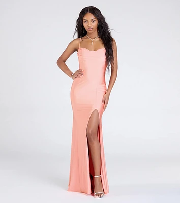Lizzie Lace-Up Cowl Back Slit Formal Dress