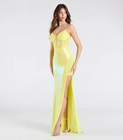 Antonia Lace-Up Corset Slit Sequin Formal Dress