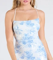 Nala Lace-Up Floral Sequin Formal Dress