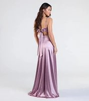 Steffanie Tie-Back Slit A-Line Satin Formal Dress