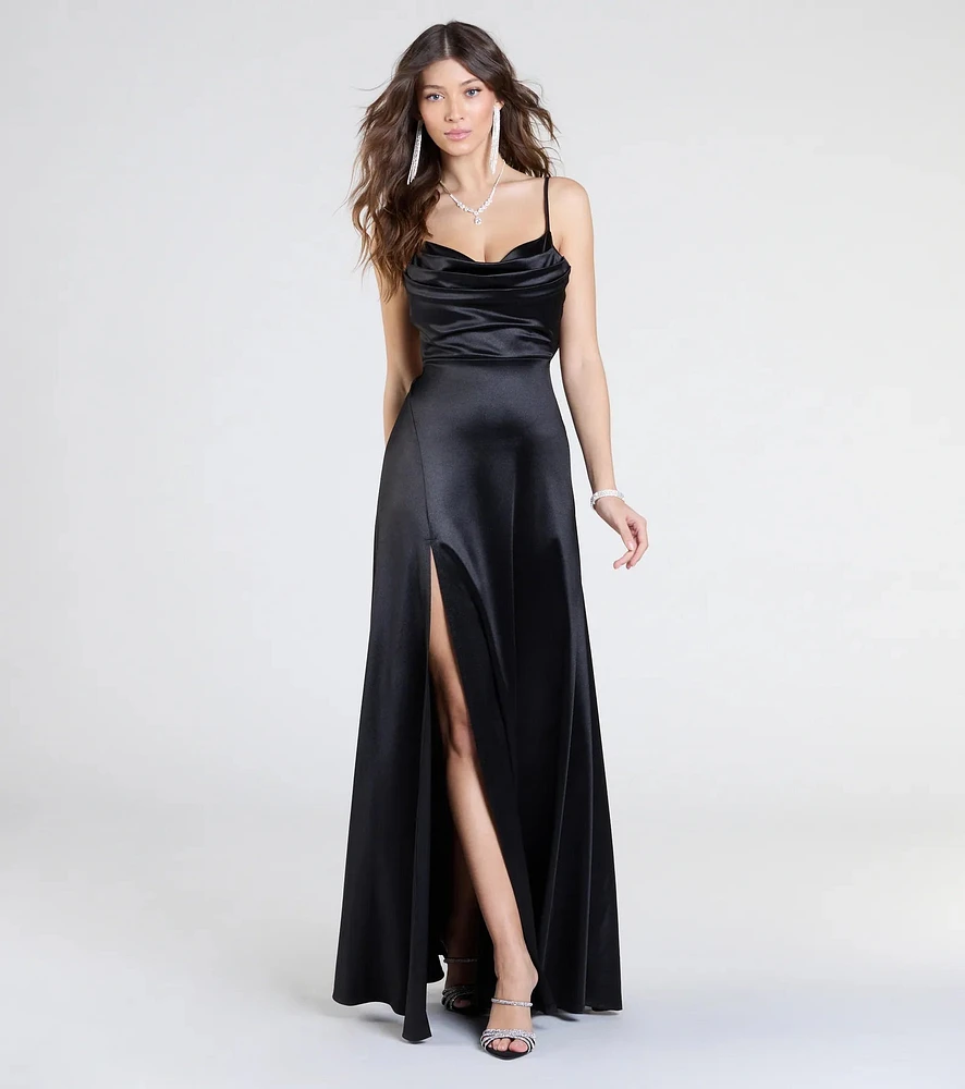 Steffanie Tie-Back Slit A-Line Satin Formal Dress