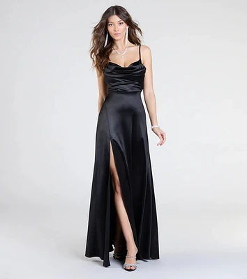Steffanie Tie-Back Slit A-Line Satin Formal Dress