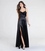 Steffanie Tie-Back Slit A-Line Satin Formal Dress