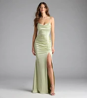 Jazmine Cowl Neck Slit A-Line Satin Formal Dress