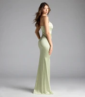 Jazmine Cowl Neck Slit A-Line Satin Formal Dress
