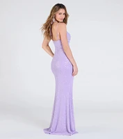 Kaitlyn Cowl Neck Slit Beaded Sequin Formal Dress