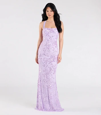 Lexie Floral Sequin Lace-Up Mermaid Dress