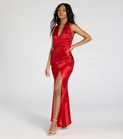 Joanne Halter Slit Mermaid Satin Formal Dress