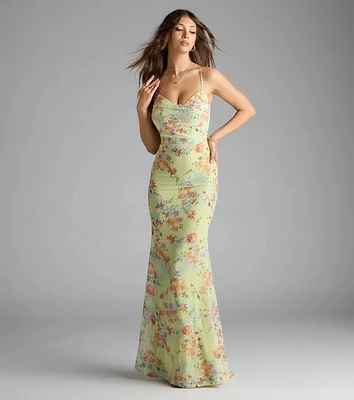 Rosalee Lace-Up Floral Mesh Formal Dress