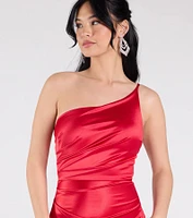 Contessa One-Shoulder Slit Satin Formal Dress