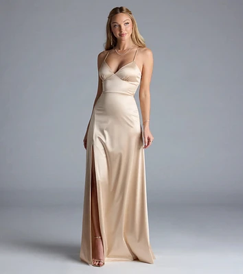Allegra Lace-Up Slit A-Line Satin Formal Dress