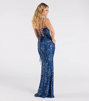 Mandy Lace-Up Slit Mermaid Sequin Formal Dress