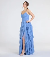 Katrina Ruffled Slit A-Line Glitter Mesh Formal Dress