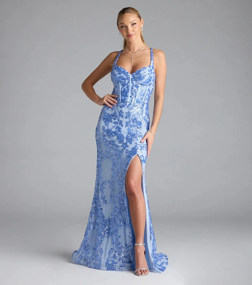 Jaide Lace-Up Corset Slit Sequin Formal Dress