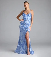 Jaide Lace-Up Corset Slit Sequin Formal Dress
