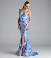 Jaide Lace-Up Corset Slit Sequin Formal Dress