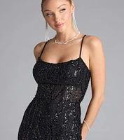 Meghan Lace-Up Corset Sequin Bead Formal Dress