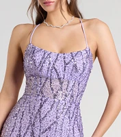 Meghan Lace-Up Corset Sequin Bead Formal Dress