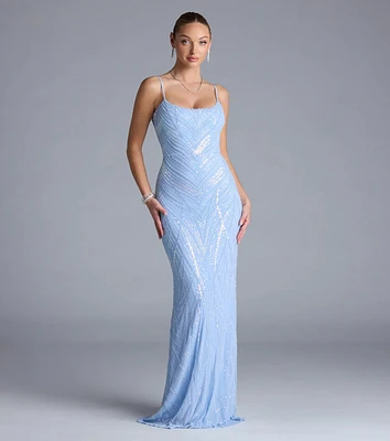Betsey Lace-Up Mermaid Sequin Bead Formal Dress