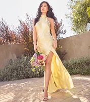 Andie Halter Open Back Slit Satin Formal Dress