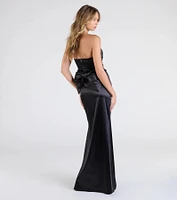 Mackenzie Strapless Corset Bow Satin Formal Dress