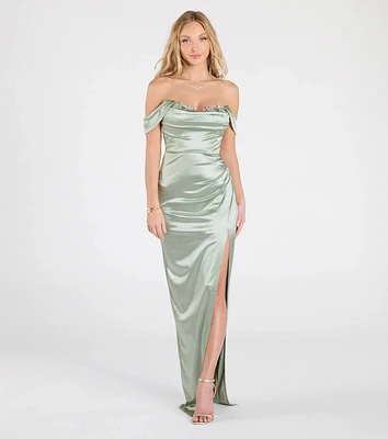 Phoebe Off-The-Shoulder Lace-Up Satin Formal Dress