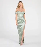 Phoebe Off-The-Shoulder Lace-Up Satin Formal Dress