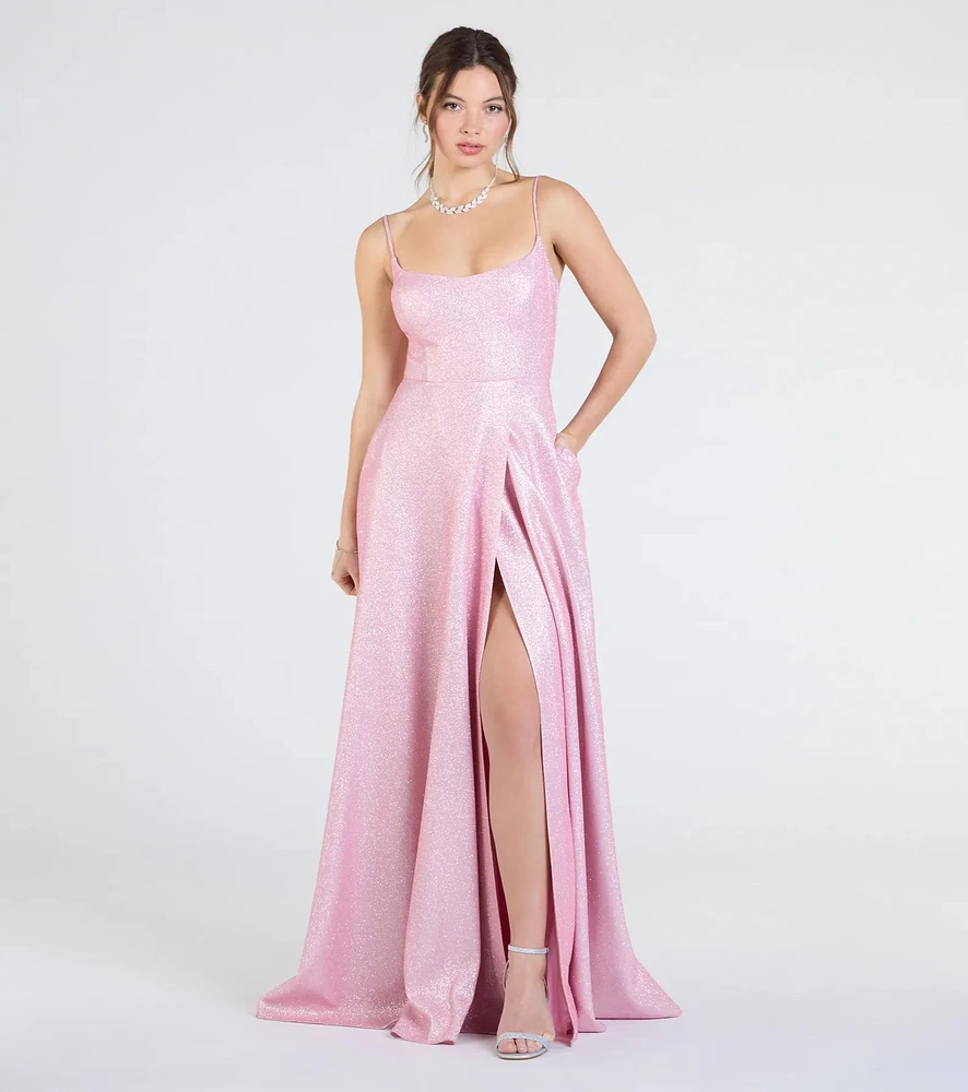 Minka Lace-Up Slit A-Line Glitter Formal Dress