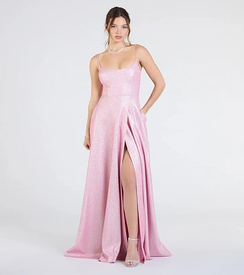 Minka Lace-Up Slit A-Line Glitter Formal Dress
