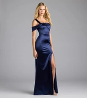 Jocelyn Cold Shoulder Slit Mermaid Satin Formal Dress