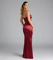 Felicia Beaded Sequin Slit Satin Formal Dress