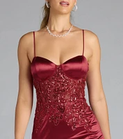 Felicia Beaded Sequin Slit Satin Formal Dress