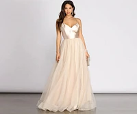 Emily Satin V Neck Tulle Ball Gown