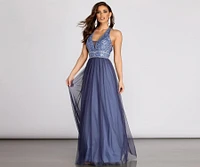 Taji Halter Applique Mesh Ball Gown